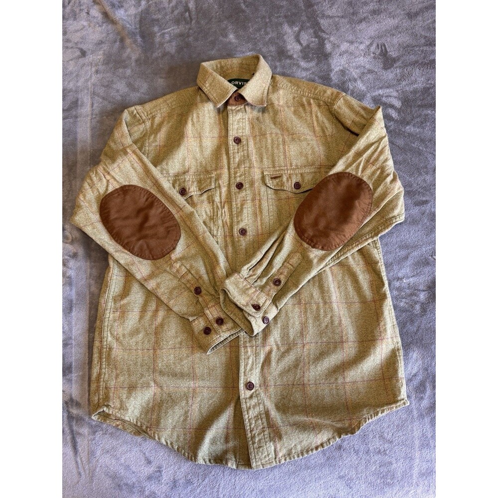 Orvis Fairbanks Flannel Shirt Green Windowpane Plaid Elbow Patches Men’s Medium